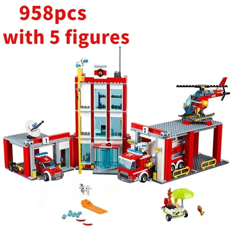 Lego Set City - 市消防署ヘリコプタートラックガレージ消防署ビルディングブロックセットレンガ互換性のある60110モデルフェスティバルパーティーギフト