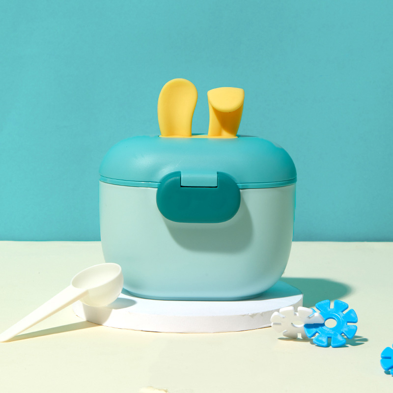 Baby Food Glass Jar - 新しいシリコン製うさぎ耳型ミルクディスペンサー、粉ミルク容器、マット表面の粉ミルクボックス（スプーン、ロック、ストラップ付き）