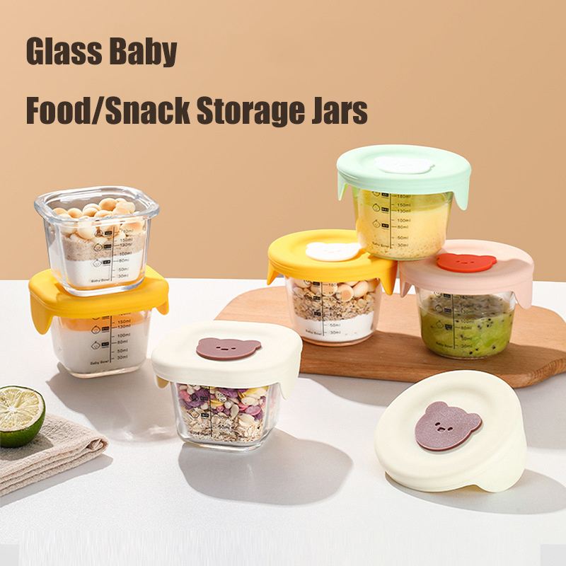 Baby Food Glass Jar - ふた付きベビーフード収納ジャー、幼児用の漏れ防止スナックピューレ容器、冷凍庫電子レンジ対応給餌ボウル、180ml